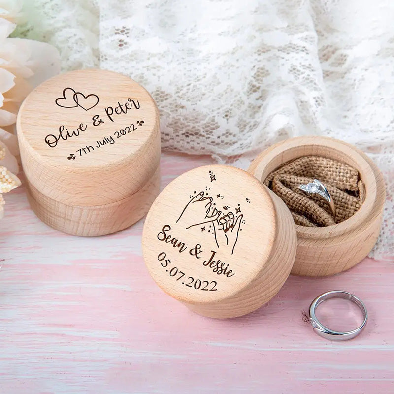 Personalized Rustic Engagement Ring Box Wedding Round Wooden Ring Box