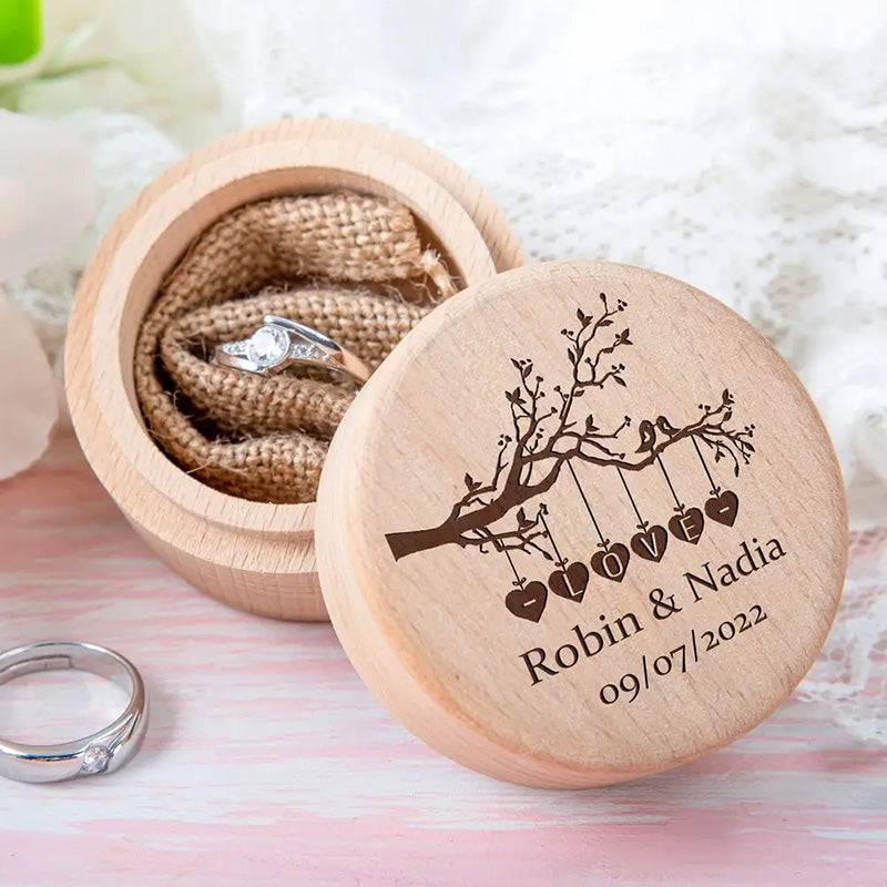 Personalized Rustic Engagement Ring Box Wedding Round Wooden Ring Box