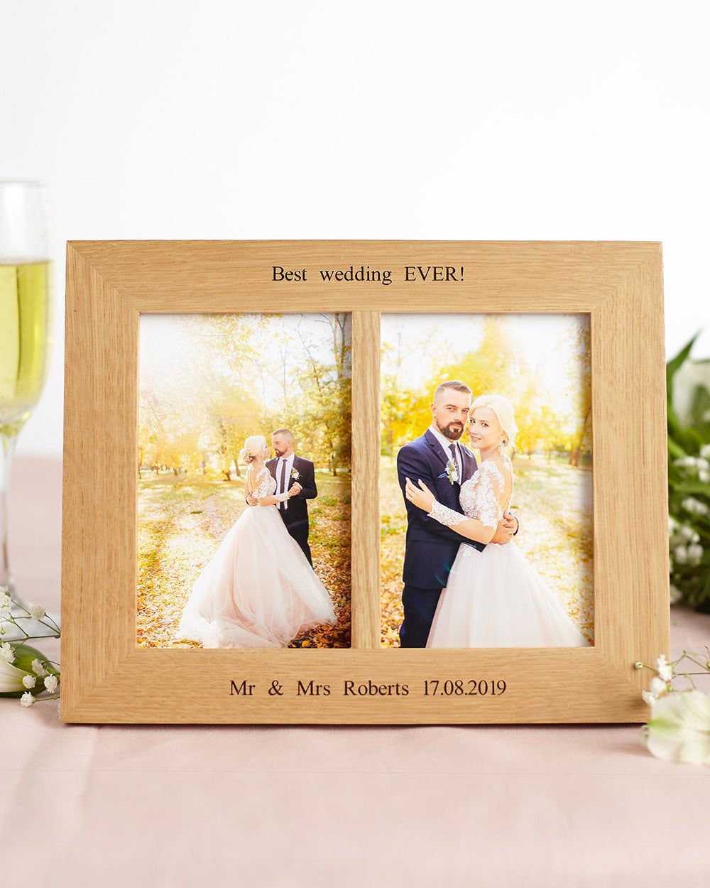 Oak Double Aperture 6"x4" or 7"x5" Customized Photo Frame | Wedding Keepsake Frame | Couple's Gift Frame | Dual Photo Display Frame