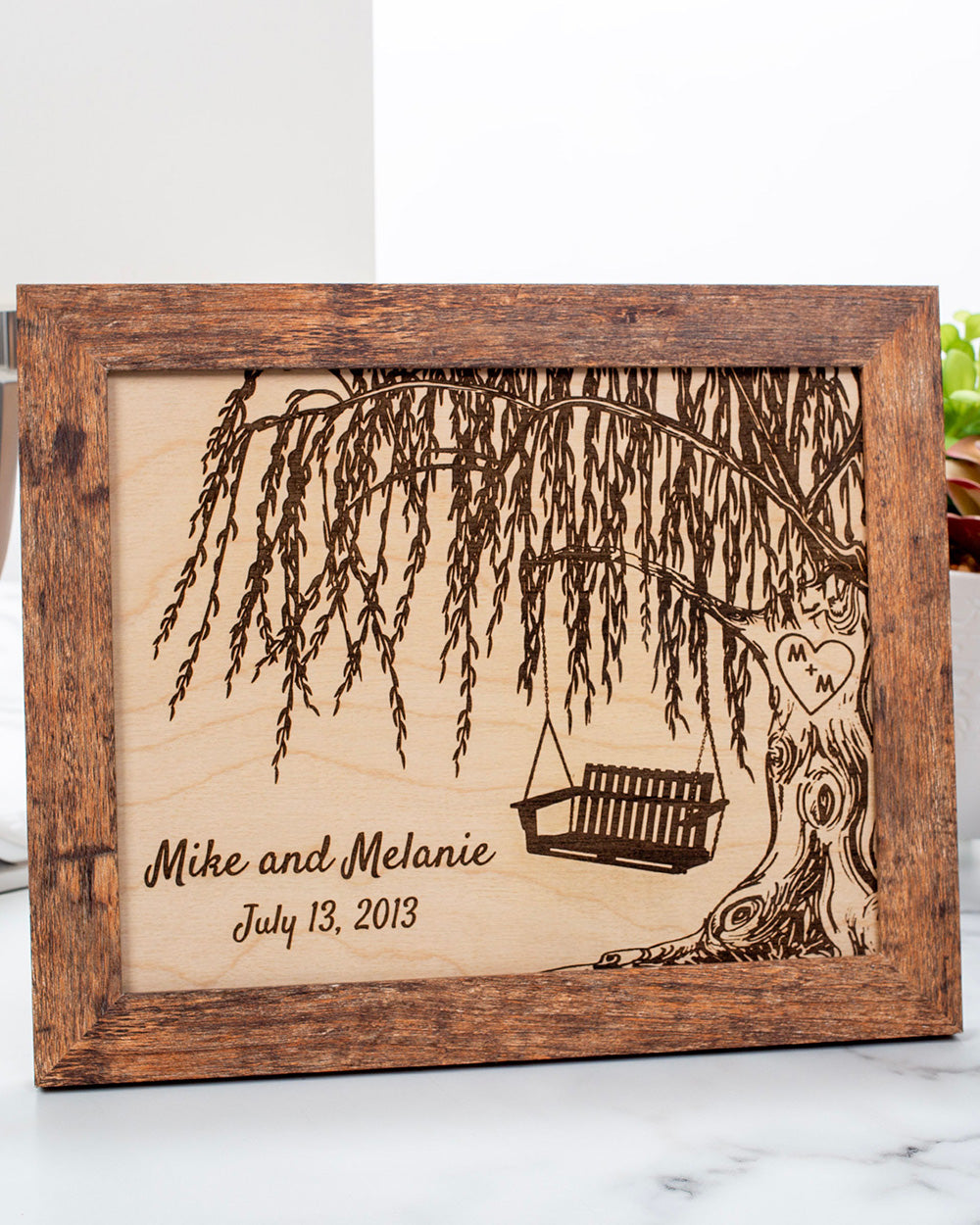 Custom Engraved Willow Tree Swing with Bench Picture Frame Gift for Her, Personalized Wedding Anniversary Keepsake, Thoughtful Housewarming Gift