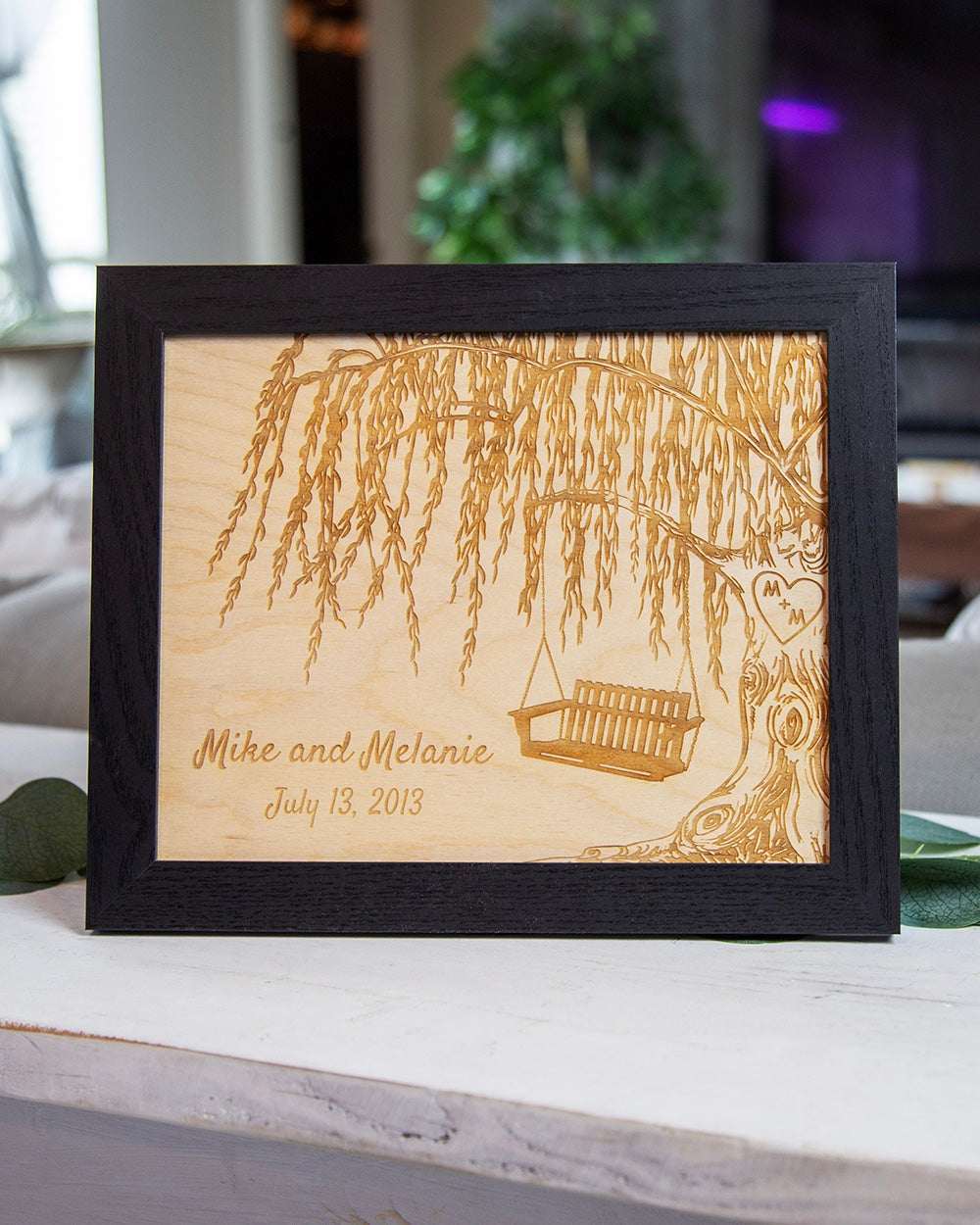 Custom Engraved Willow Tree Swing with Bench Picture Frame Gift for Her, Personalized Wedding Anniversary Keepsake, Thoughtful Housewarming Gift