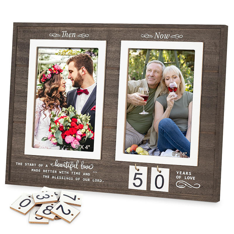 Then & Now Anniversary Picture Frame, 1-99 Years Wedding Gift Ideas - Anniversary Wood Photo Frame