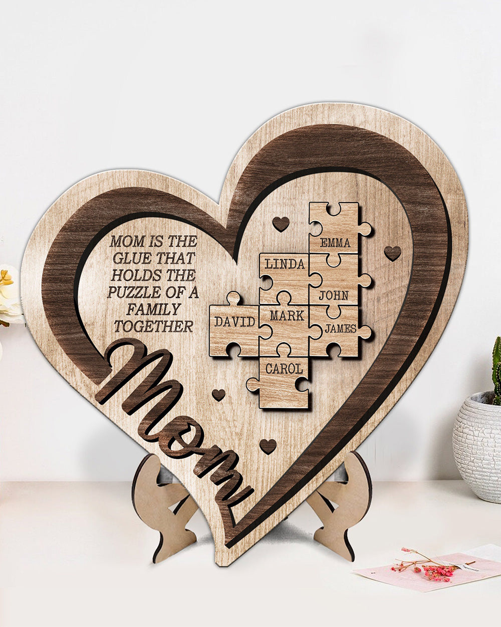 Engraved Personalized Puzzle Heart Sign Mom Wooden Sign