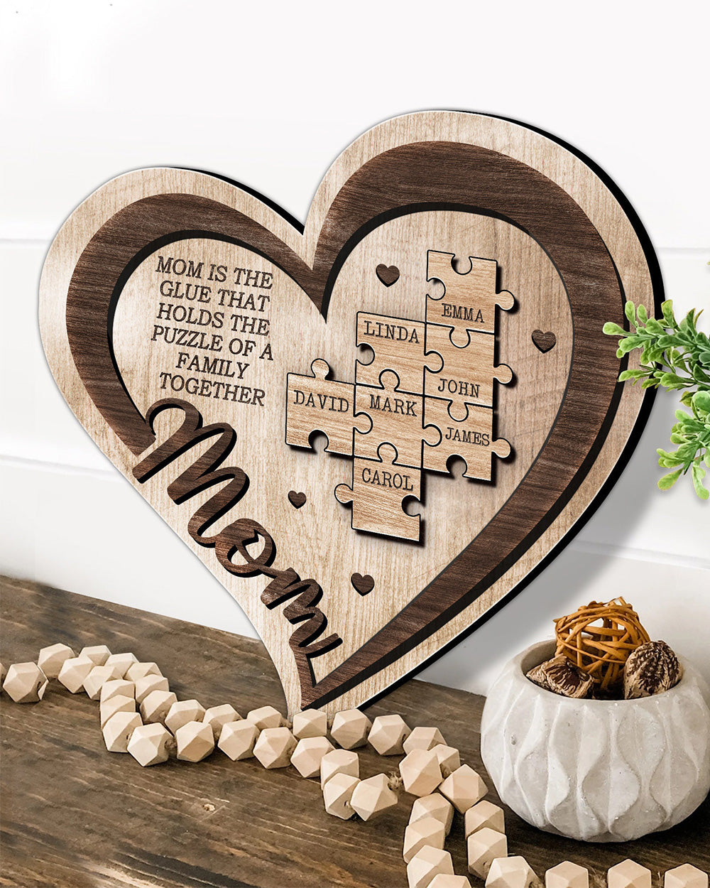 Engraved Personalized Puzzle Heart Sign Mom Wooden Sign