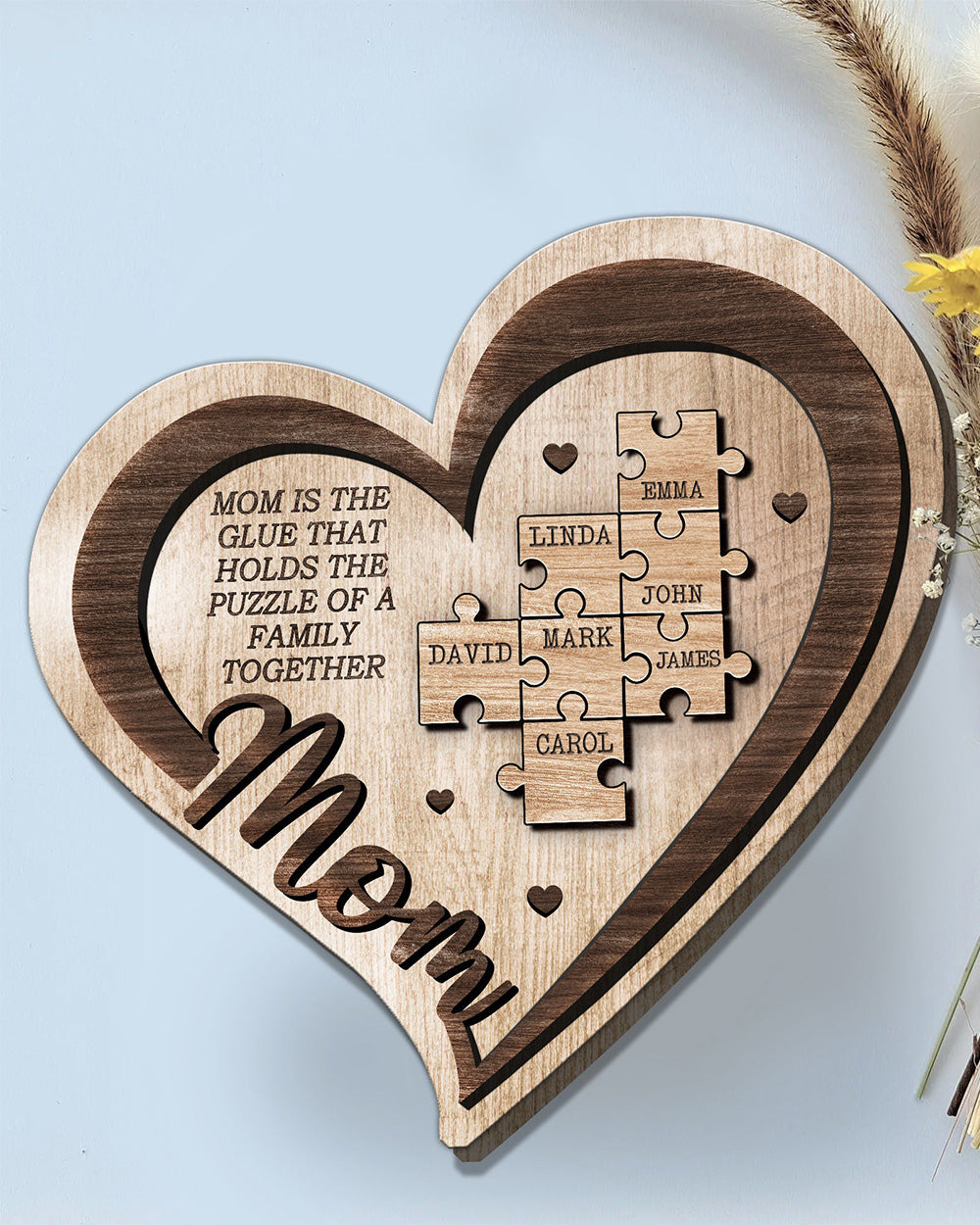 Engraved Personalized Puzzle Heart Sign Mom Wooden Sign