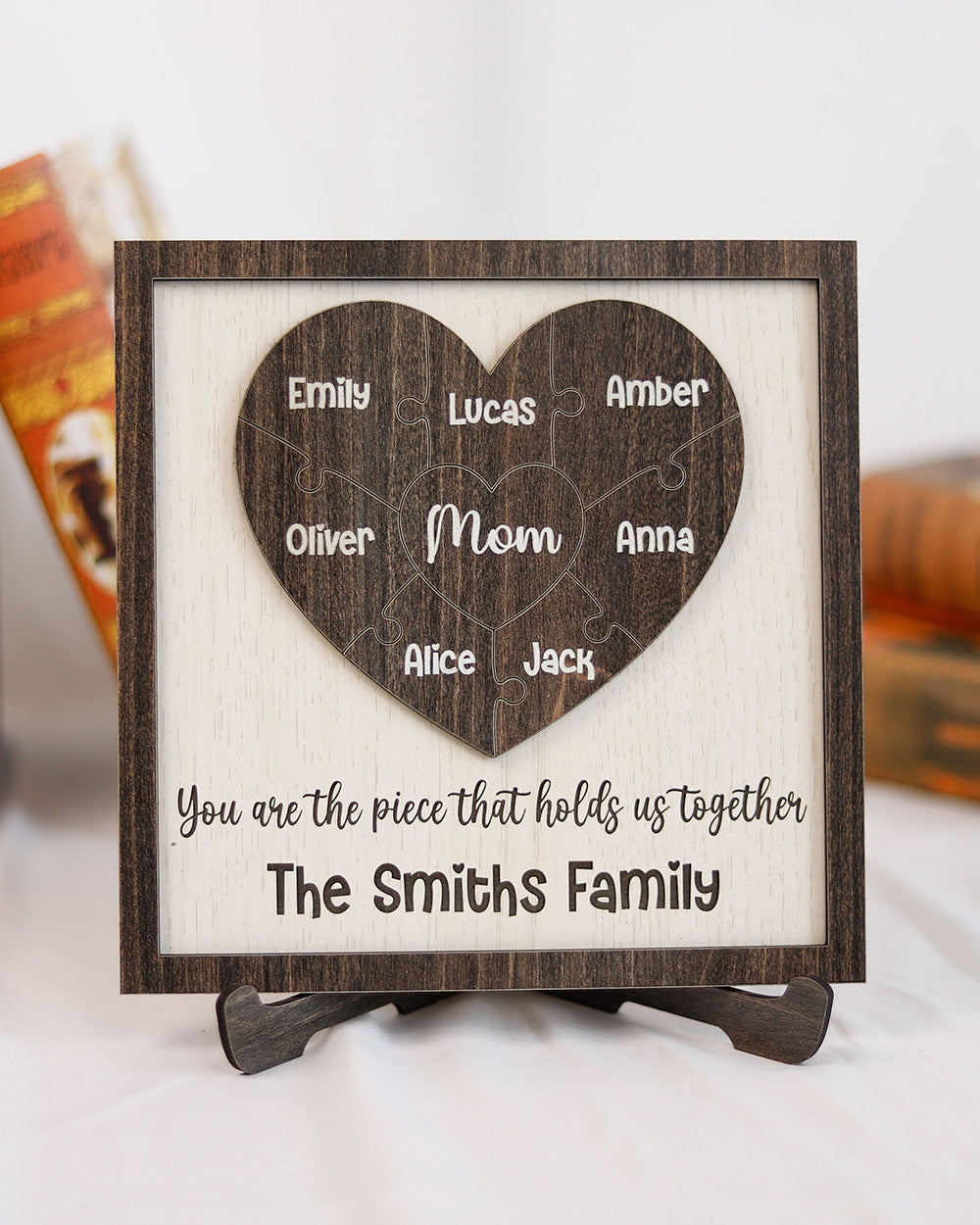 Personalized Mom Heart Puzzle Sign: A Heartfelt Mother's Day Gift from the Kids. This Family Wood Puzzle features Wooden Name Puzzle Pieces, making it a Unique and Memorable Tribute to Mom.