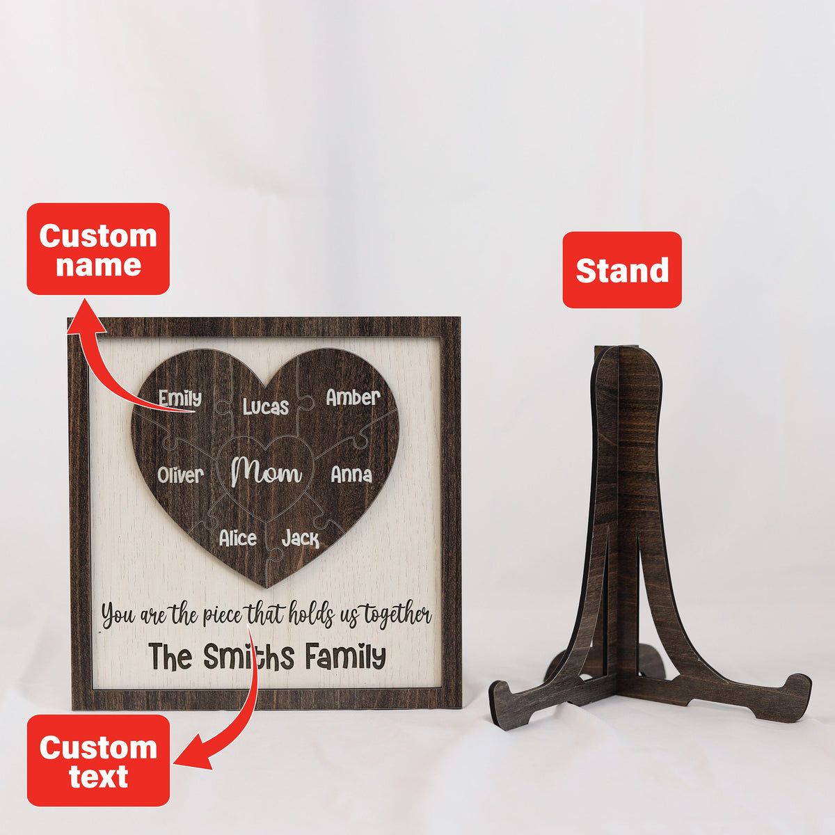 Personalized Mom Heart Puzzle Sign: A Heartfelt Mother's Day Gift from the Kids. This Family Wood Puzzle features Wooden Name Puzzle Pieces, making it a Unique and Memorable Tribute to Mom.