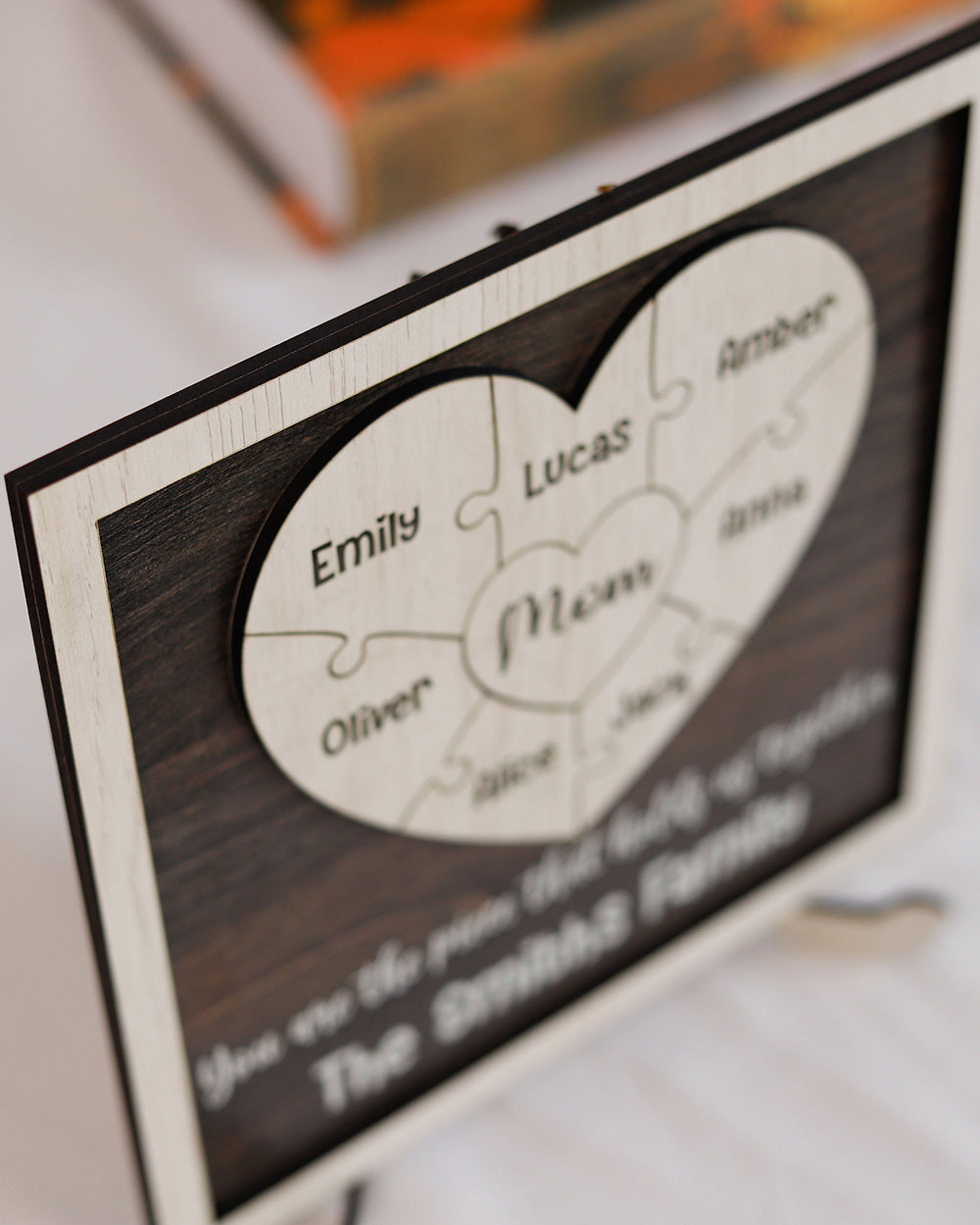 Personalized Mom Heart Puzzle Sign: A Heartfelt Mother's Day Gift from the Kids. This Family Wood Puzzle features Wooden Name Puzzle Pieces, making it a Unique and Memorable Tribute to Mom.