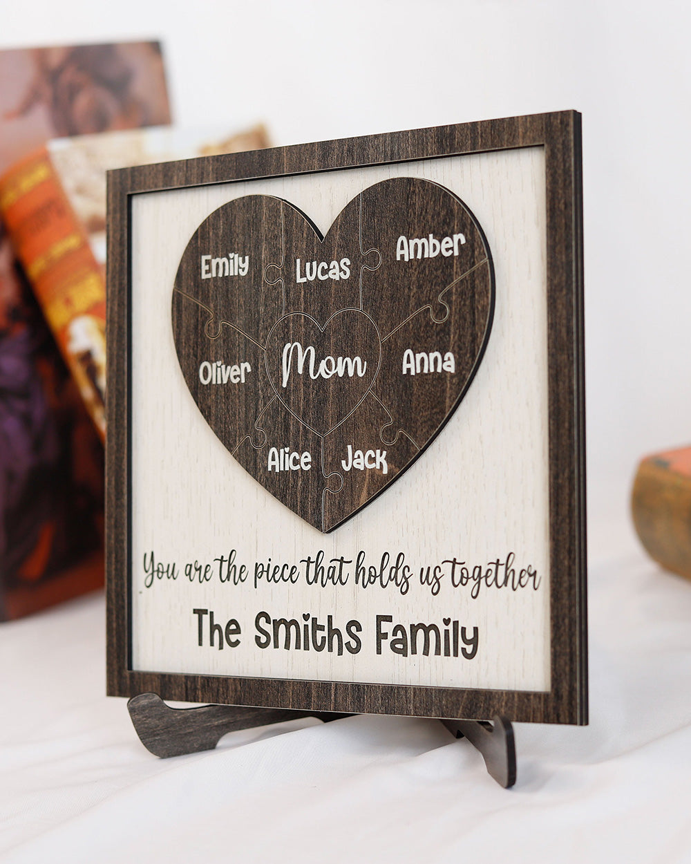 Personalized Mom Heart Puzzle Sign: A Heartfelt Mother's Day Gift from the Kids. This Family Wood Puzzle features Wooden Name Puzzle Pieces, making it a Unique and Memorable Tribute to Mom.