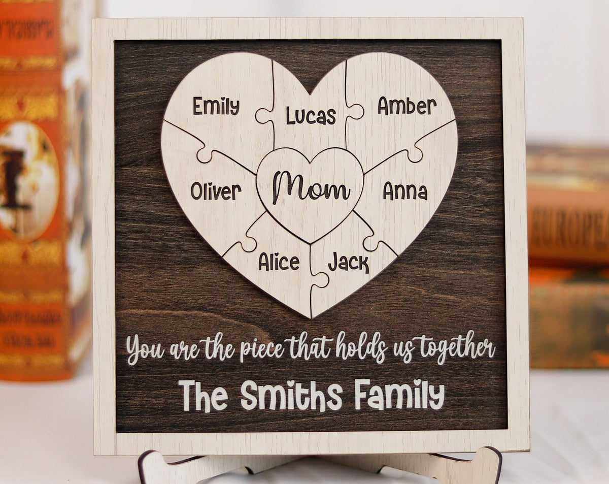 Personalized Mom Heart Puzzle Sign: A Heartfelt Mother's Day Gift from the Kids. This Family Wood Puzzle features Wooden Name Puzzle Pieces, making it a Unique and Memorable Tribute to Mom.