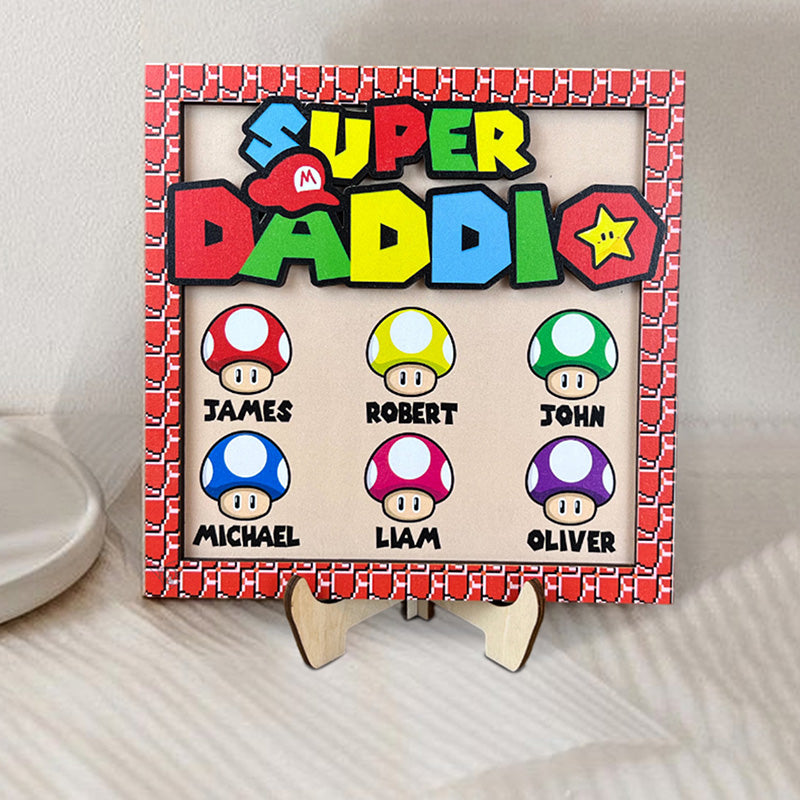 Personalized Super Daddio Wood Sign, Super Dad with Kid Names Plaque, Dad Gift