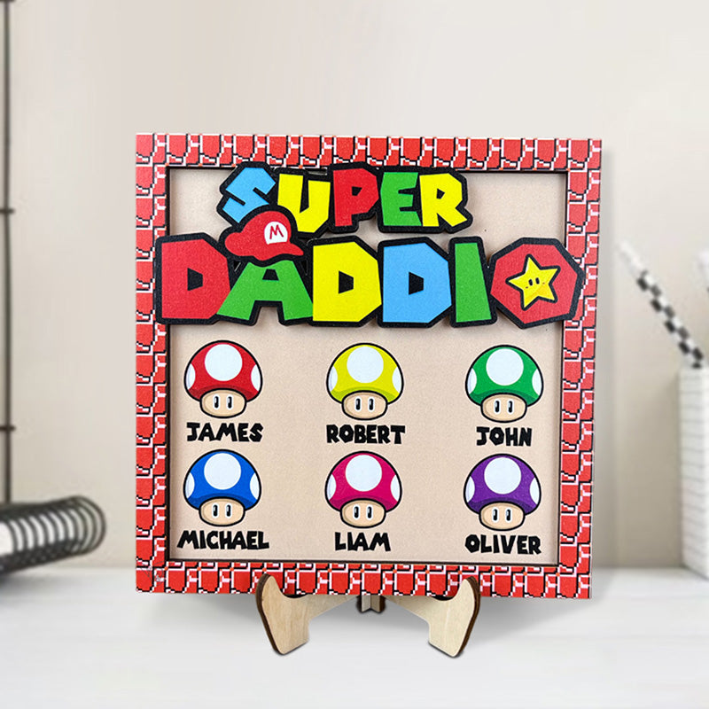 Personalized Super Daddio Wood Sign, Super Dad with Kid Names Plaque, Dad Gift