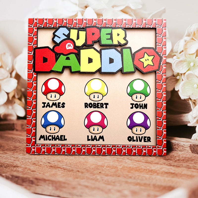 Personalized Super Daddio Wood Sign, Super Dad with Kid Names Plaque, Dad Gift