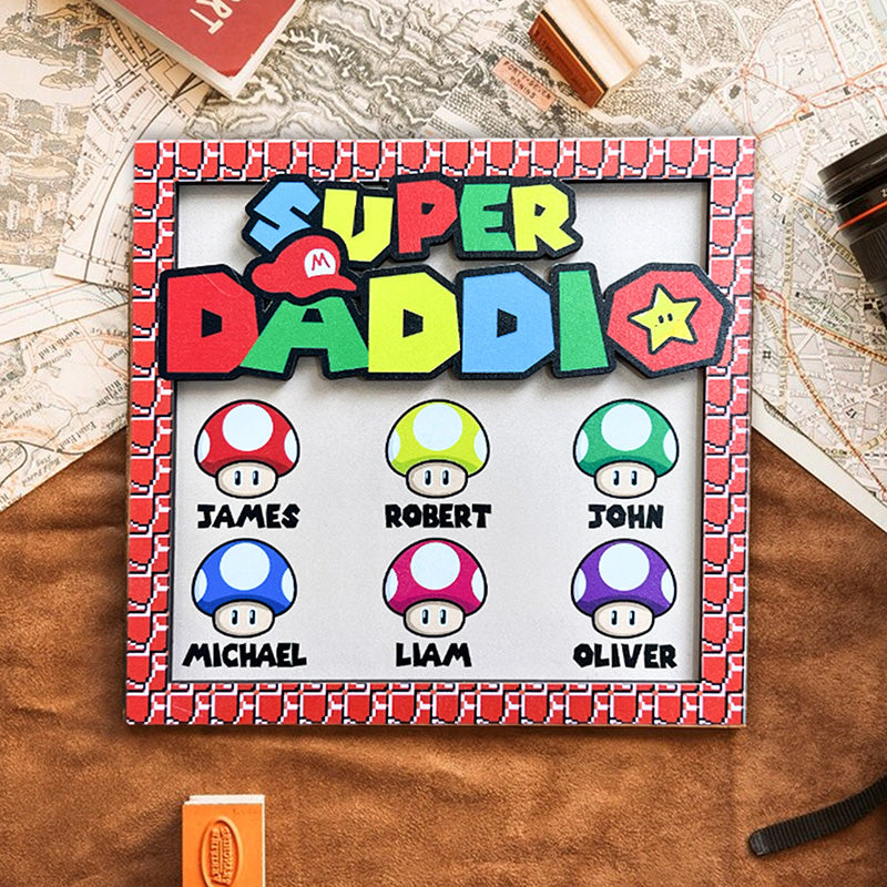 Personalized Super Daddio Wood Sign, Super Dad with Kid Names Plaque, Dad Gift